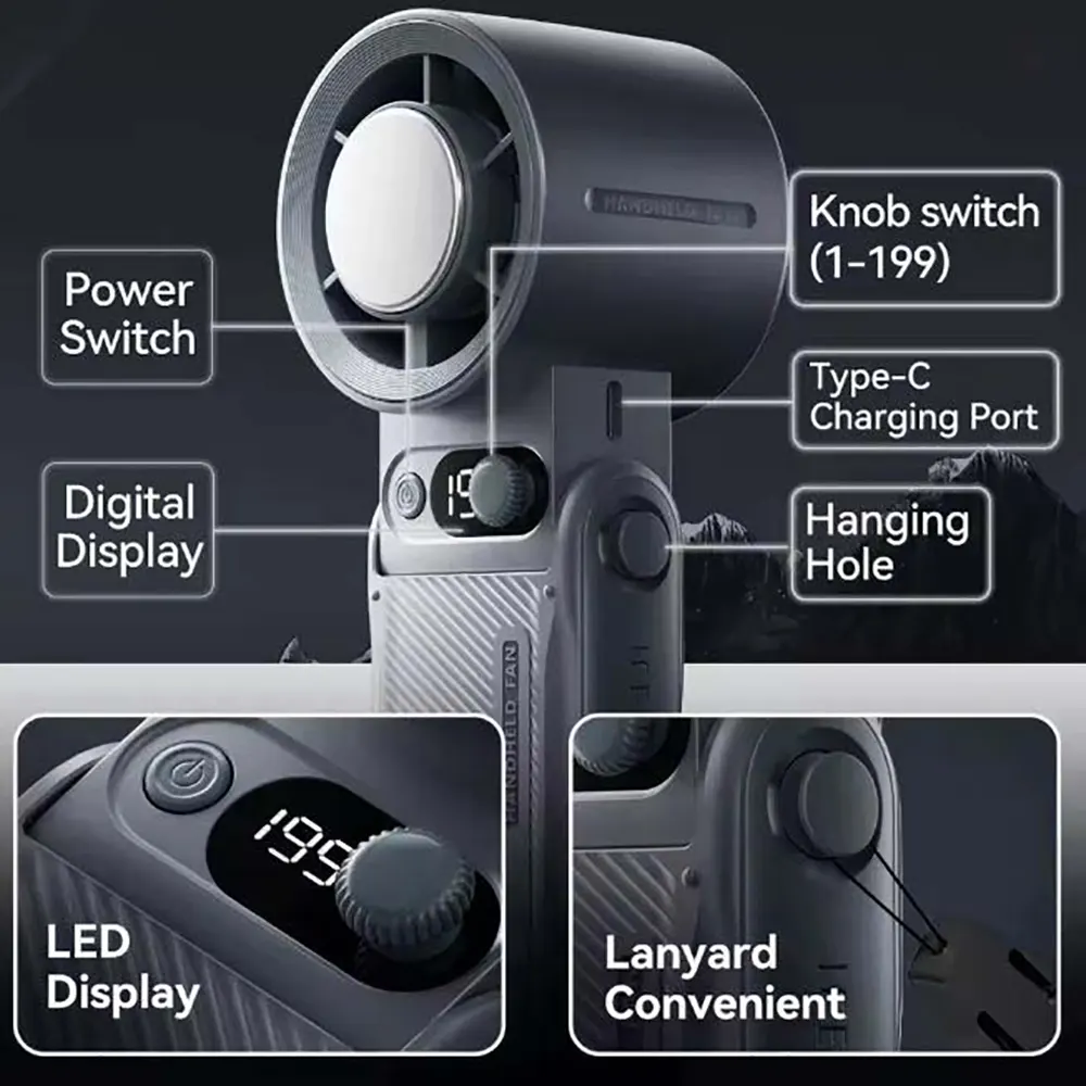 6000mAh Foldable Turbo Handheld Fan with 199-Speed LED Display (6) 6000mAh Foldable Turbo Handheld Fan with 199-Speed LED Display