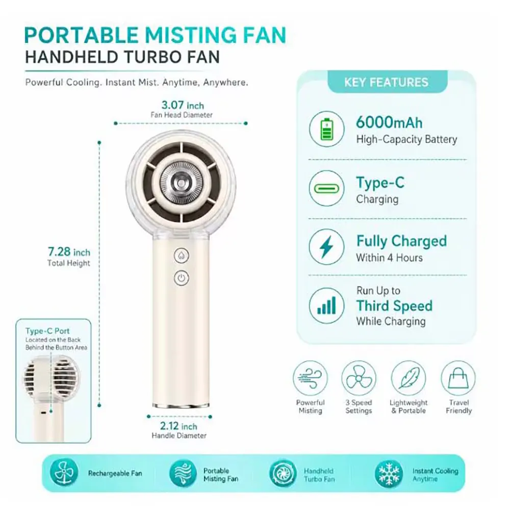 6000mAh Rechargeable Misting Handheld Fan with 4 Strong Wind Modes (13) 6000mAh Rechargeable Misting Handheld Fan with 4 Strong Wind Modes