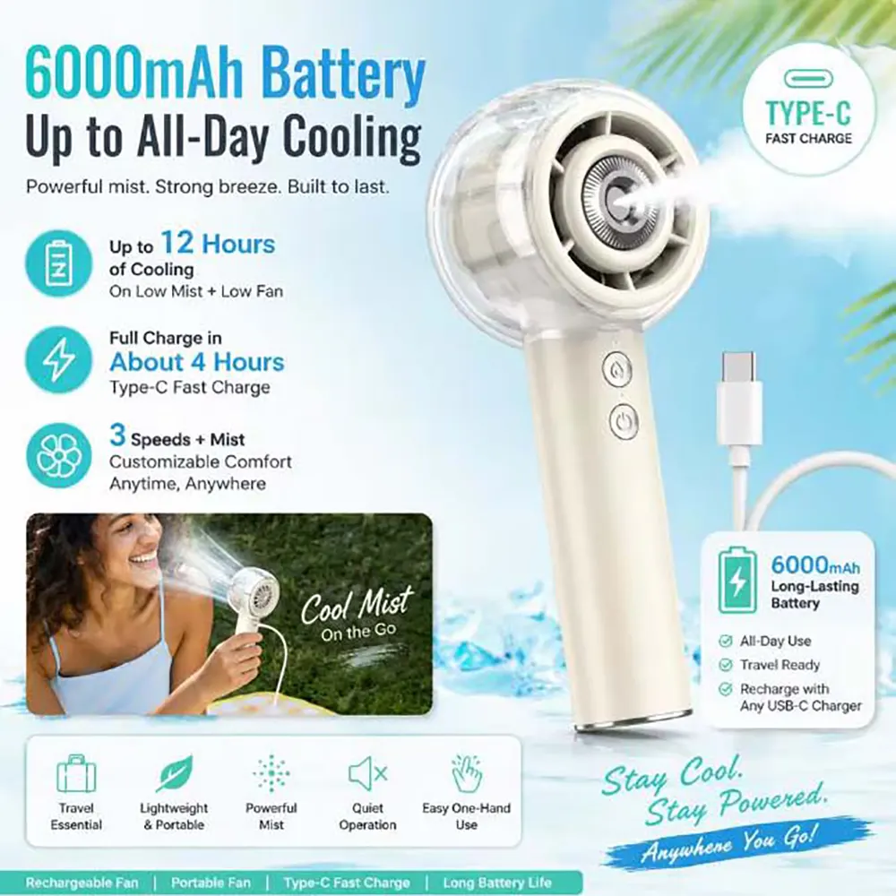 6000mAh Rechargeable Misting Handheld Fan with 4 Strong Wind Modes (18) 6000mAh Rechargeable Misting Handheld Fan with 4 Strong Wind Modes