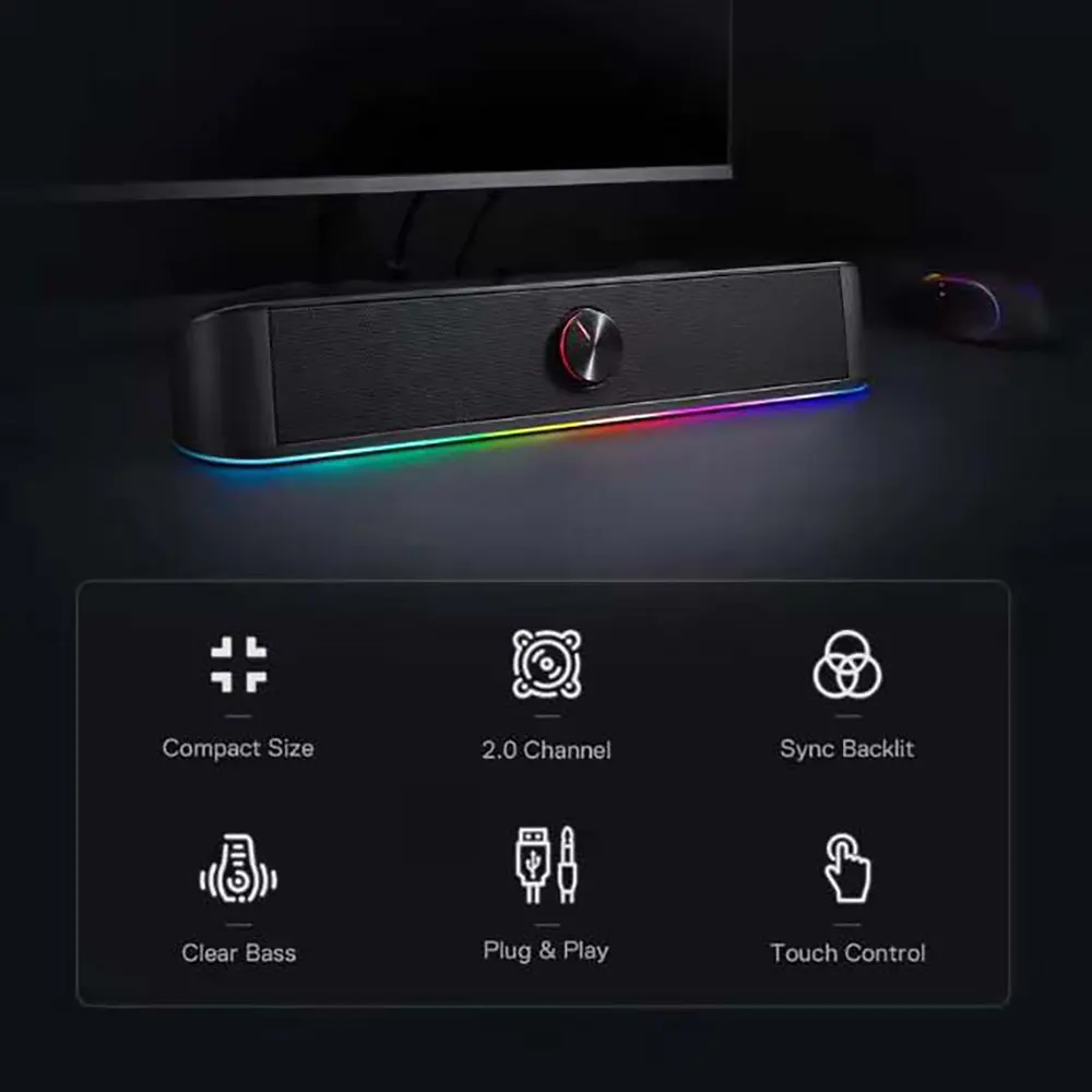 GS560 Adiemus RGB USB Desktop Soundbar 2.0 Channel Computer Speaker Dynamic Lighting (2) GS560 Adiemus RGB USB Desktop Soundbar 2.0 Channel Computer Speaker Dynamic Lighting